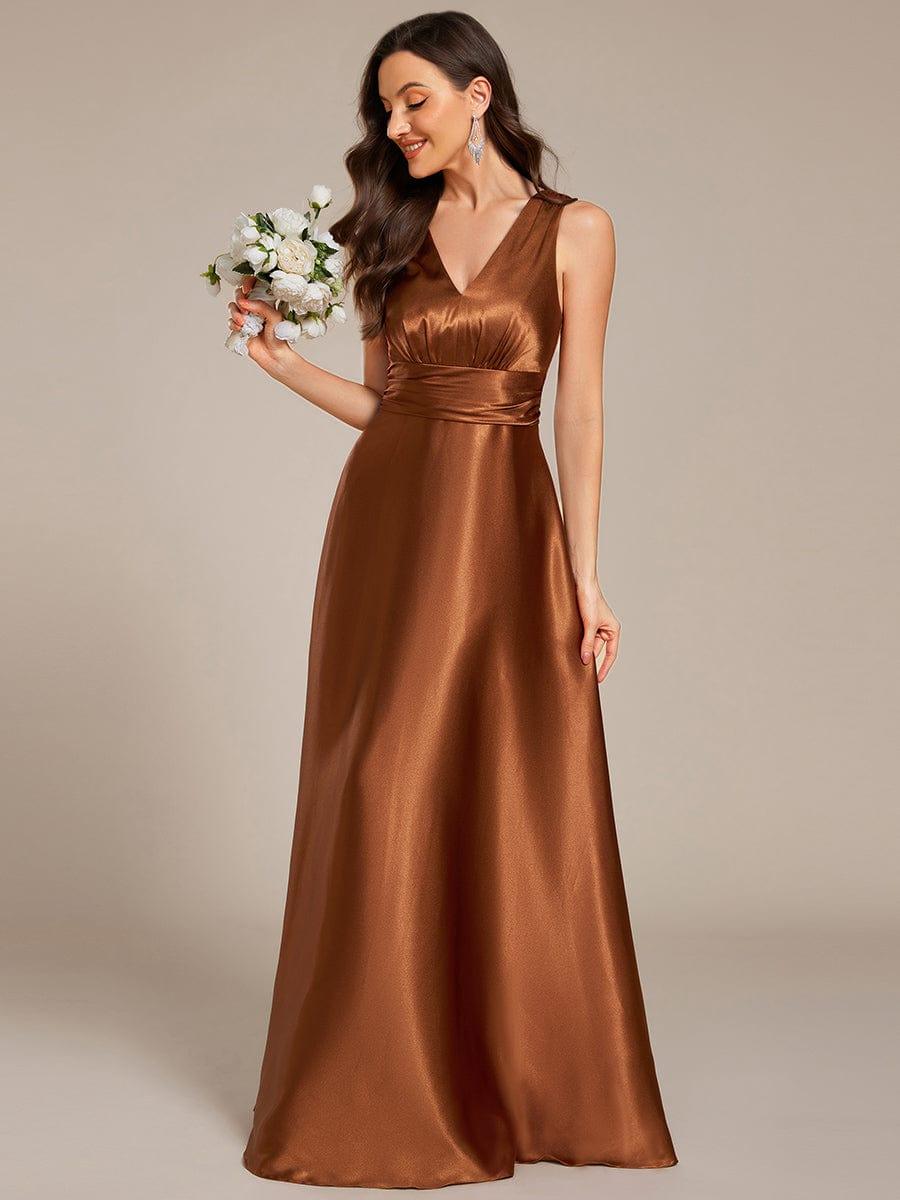 INDY|V-neck Empire Waist Satin Maxi Bridesmaid Dress with Pockets