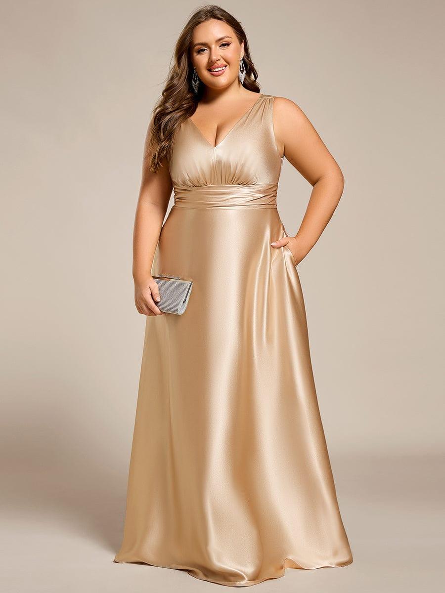 INDY|V-neck Empire Waist Satin Maxi Bridesmaid Dress with Pockets