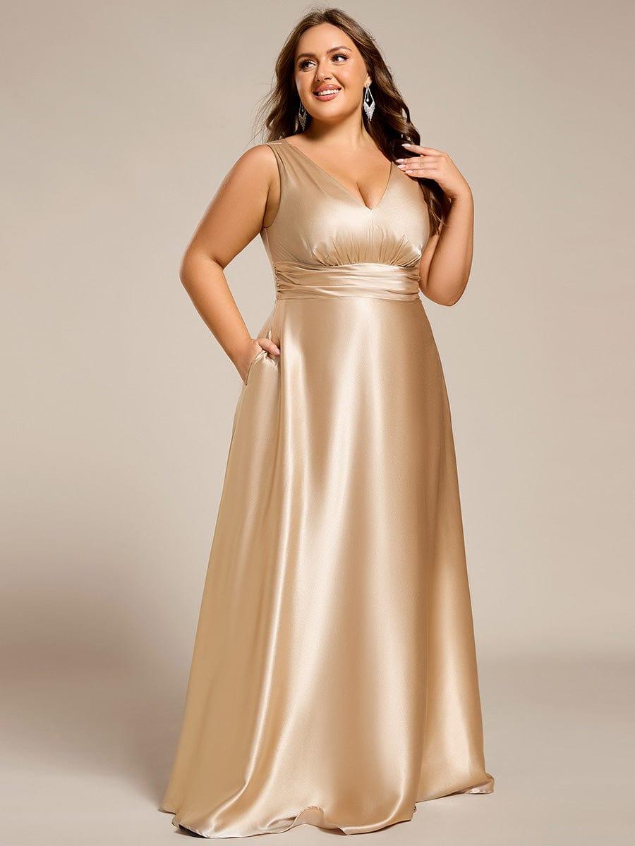 INDY|V-neck Empire Waist Satin Maxi Bridesmaid Dress with Pockets