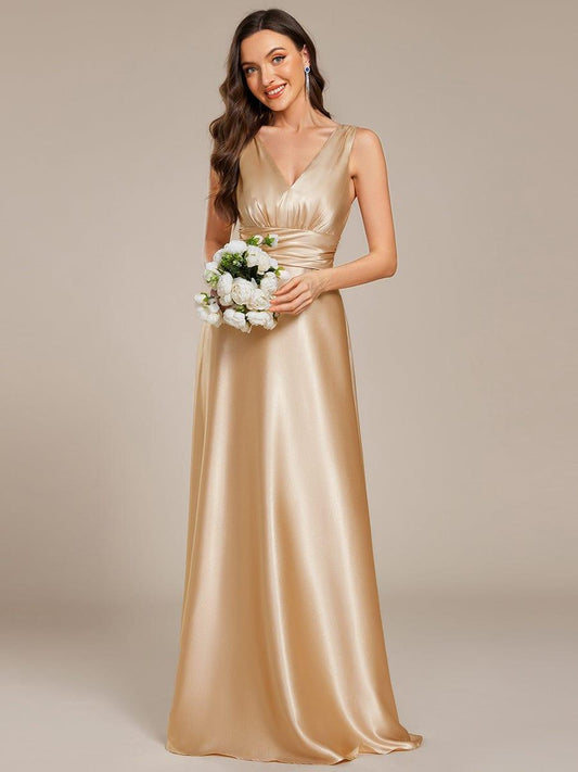 INDY|V-neck Empire Waist Satin Maxi Bridesmaid Dress with Pockets