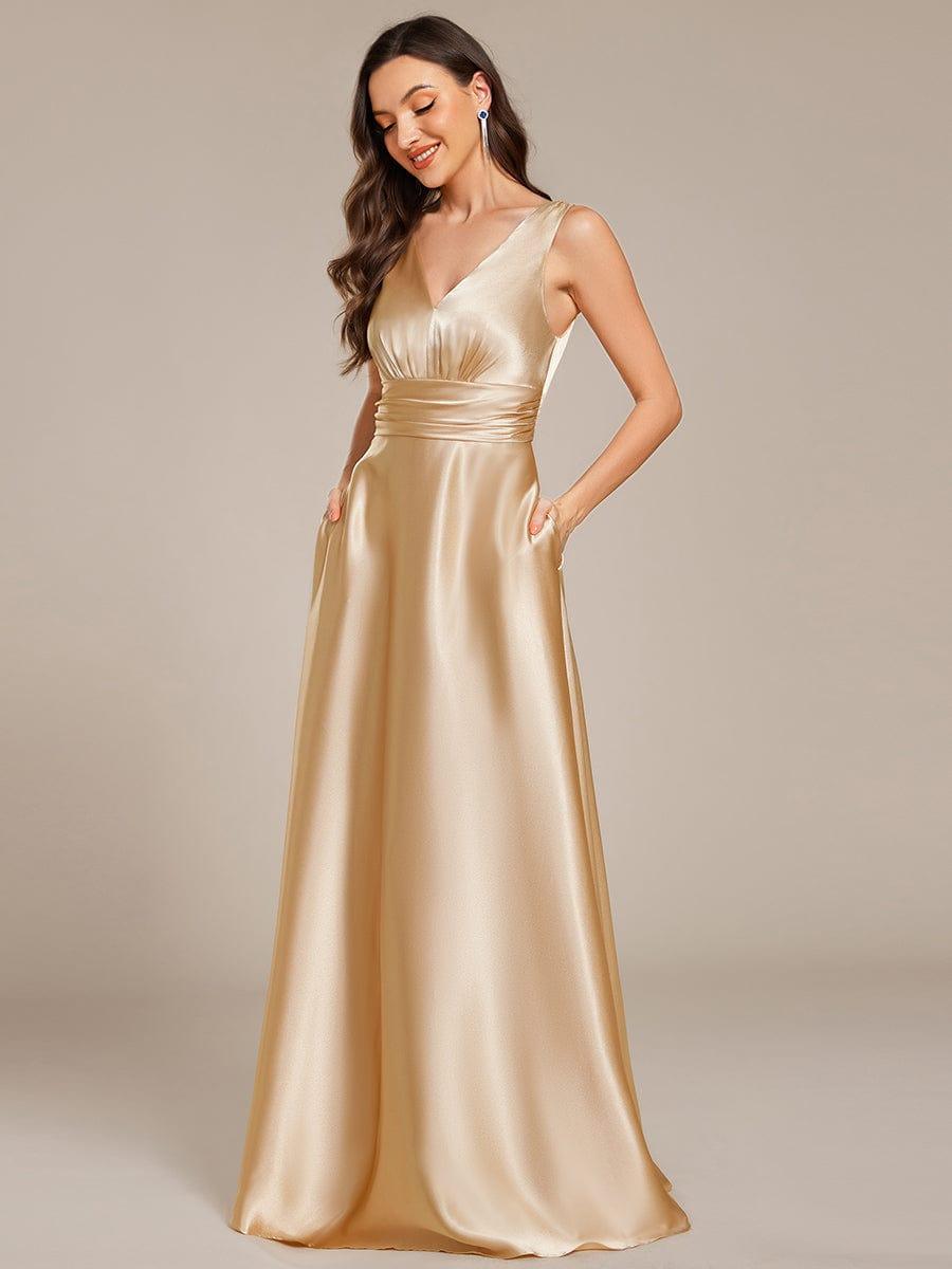 INDY|V-neck Empire Waist Satin Maxi Bridesmaid Dress with Pockets