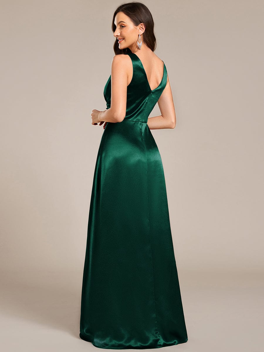 INDY|V-neck Empire Waist Satin Maxi Bridesmaid Dress with Pockets