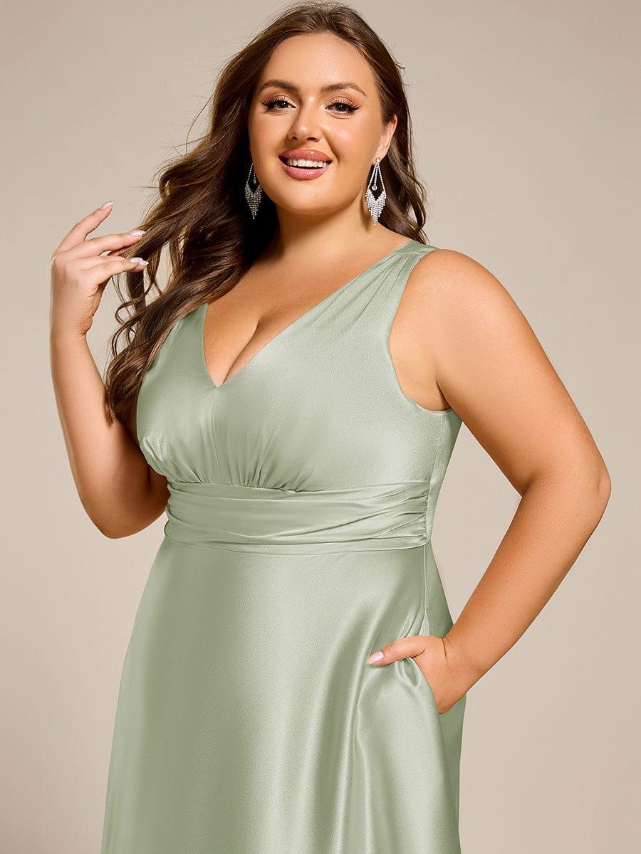 INDY|V-neck Empire Waist Satin Maxi Bridesmaid Dress with Pockets