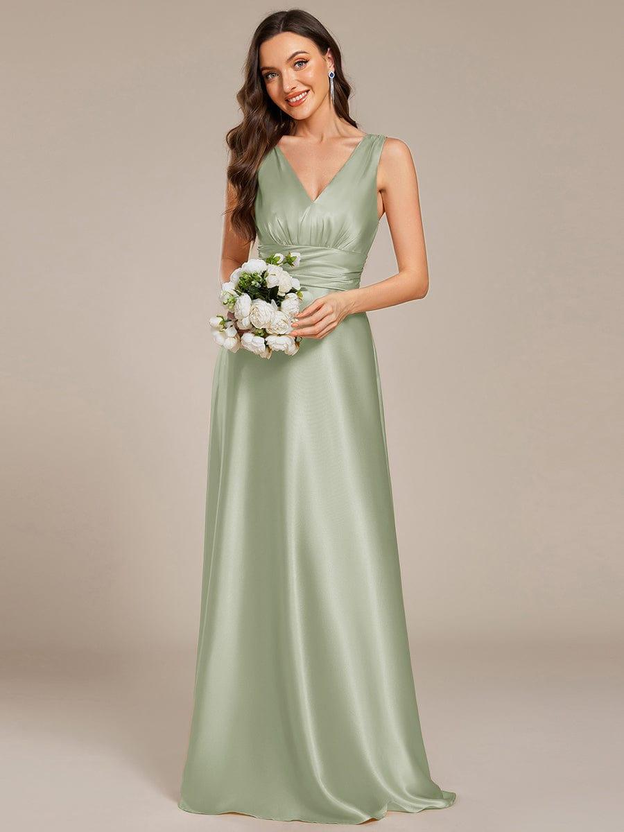 INDY|V-neck Empire Waist Satin Maxi Bridesmaid Dress with Pockets