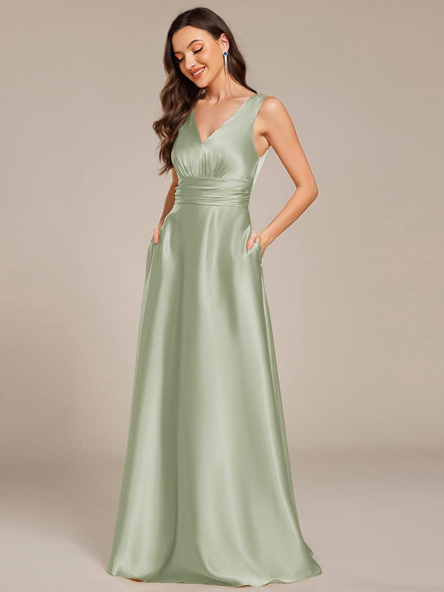 INDY|V-neck Empire Waist Satin Maxi Bridesmaid Dress with Pockets