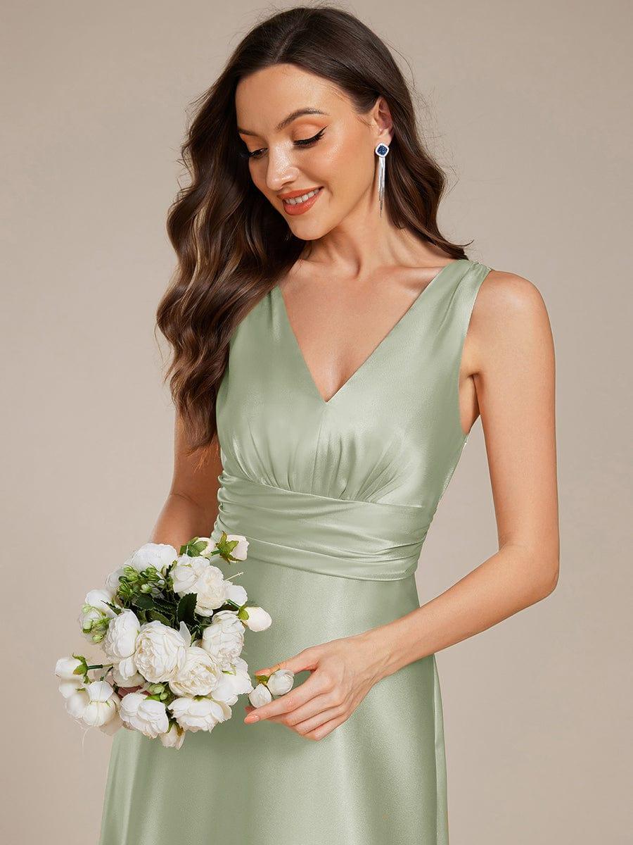 INDY|V-neck Empire Waist Satin Maxi Bridesmaid Dress with Pockets