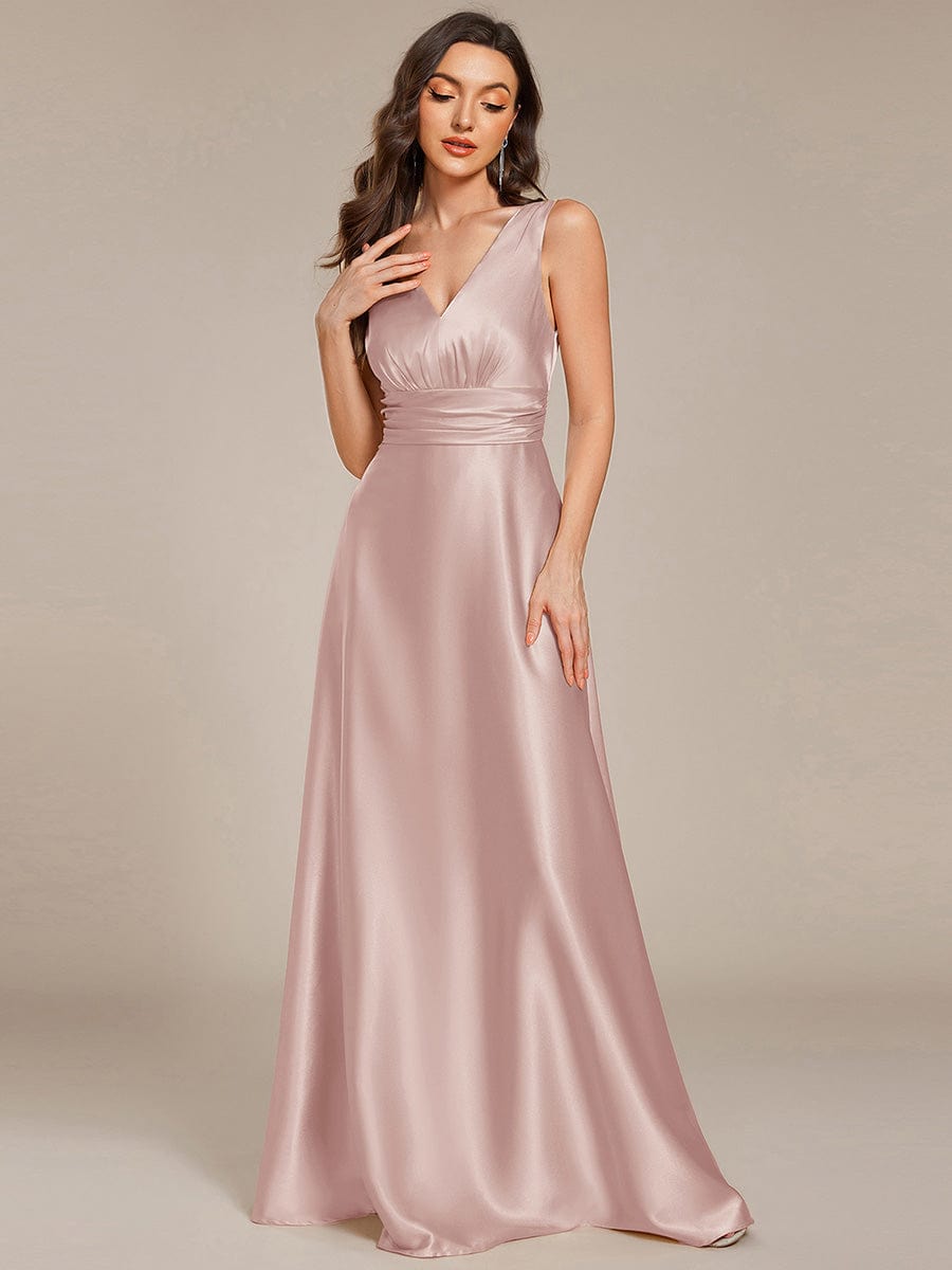 INDY|V-neck Empire Waist Satin Maxi Bridesmaid Dress with Pockets