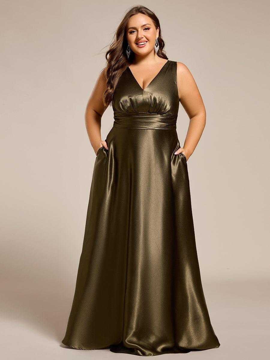 INDY|V-neck Empire Waist Satin Maxi Bridesmaid Dress with Pockets