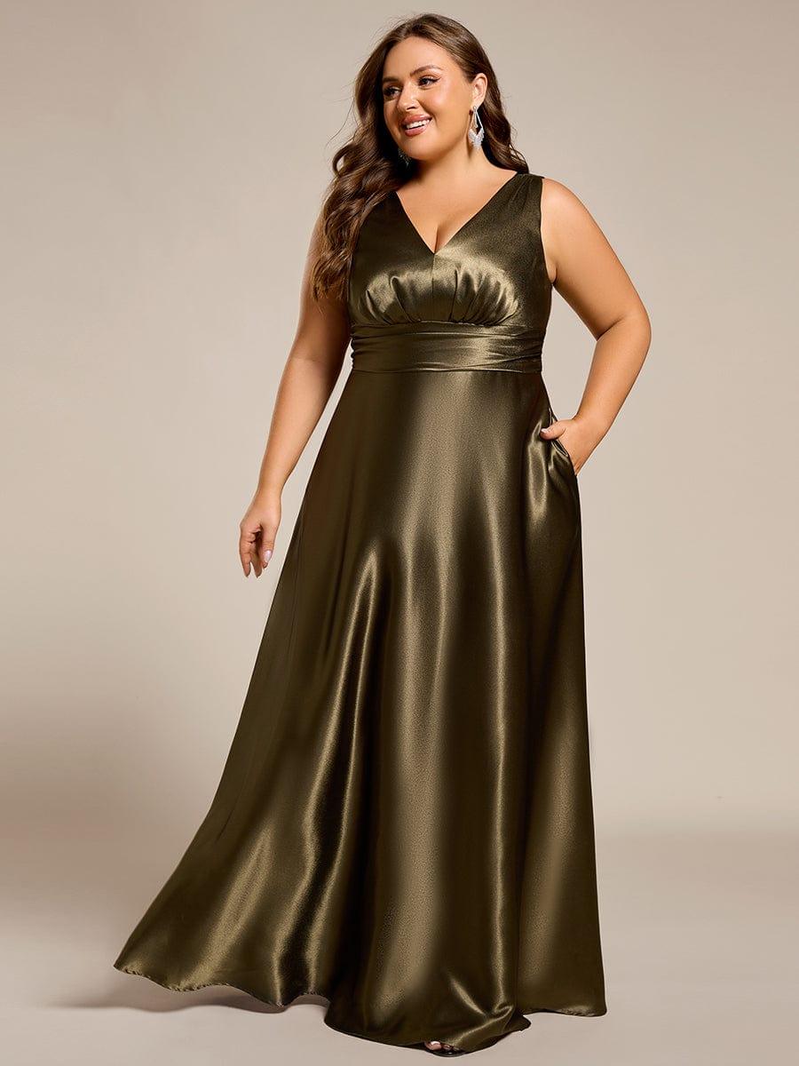 INDY|V-neck Empire Waist Satin Maxi Bridesmaid Dress with Pockets
