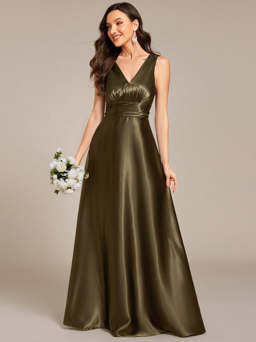 INDY|V-neck Empire Waist Satin Maxi Bridesmaid Dress with Pockets
