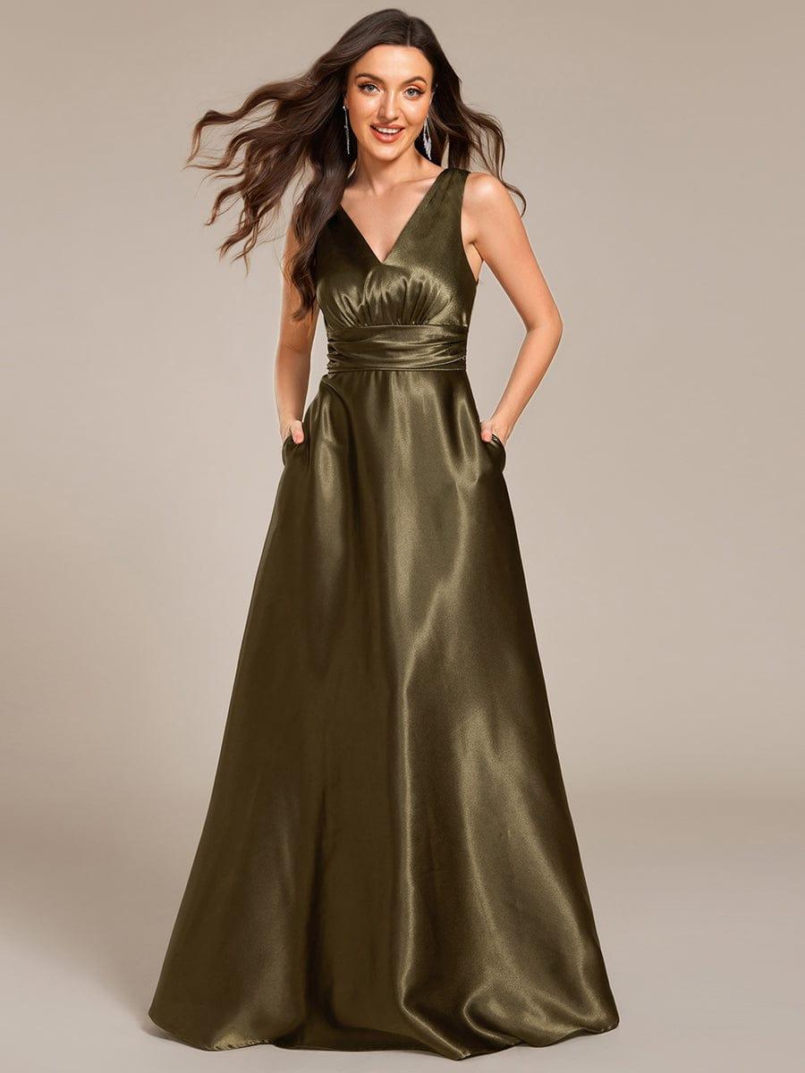 INDY|V-neck Empire Waist Satin Maxi Bridesmaid Dress with Pockets