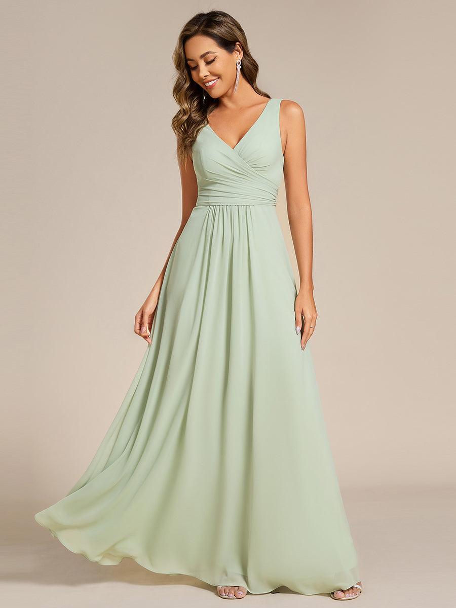 SAUYER|Strapless Pleated V-Neck A-Line Maxi Chiffon Bridesmaid Dress