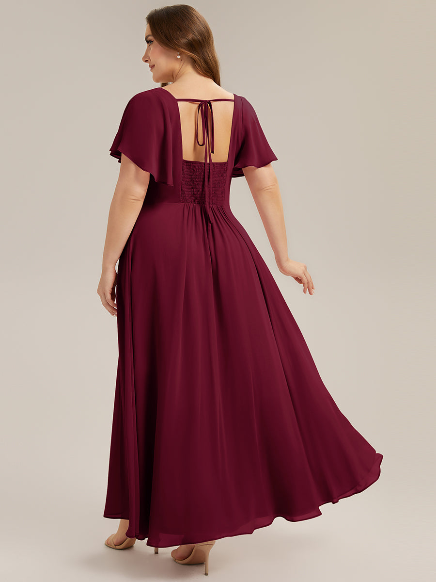 AVIEL|Ruched Chiffon Ruffle Sleeve Bridesmaid Dress