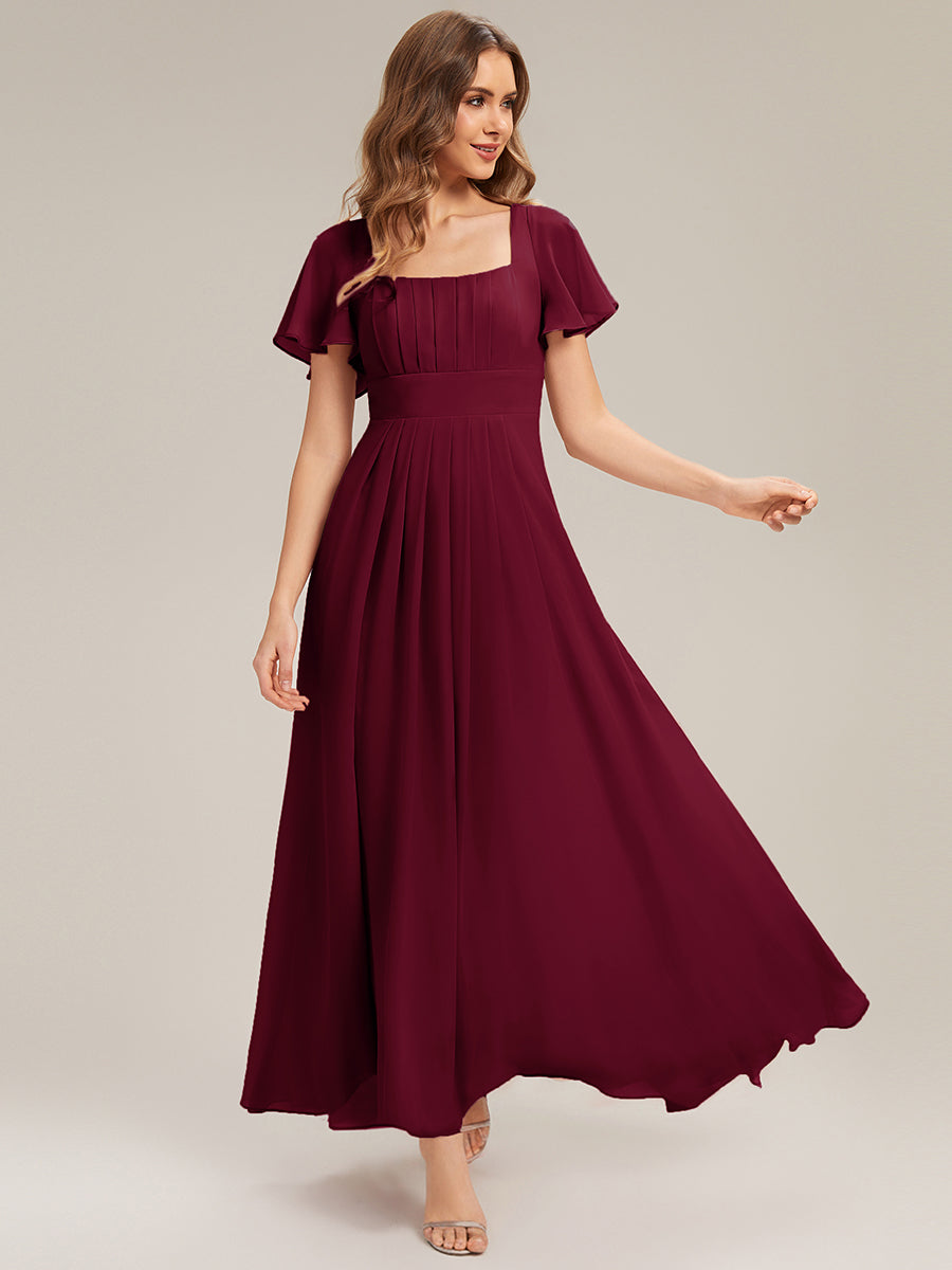 AVIEL|Ruched Chiffon Ruffle Sleeve Bridesmaid Dress