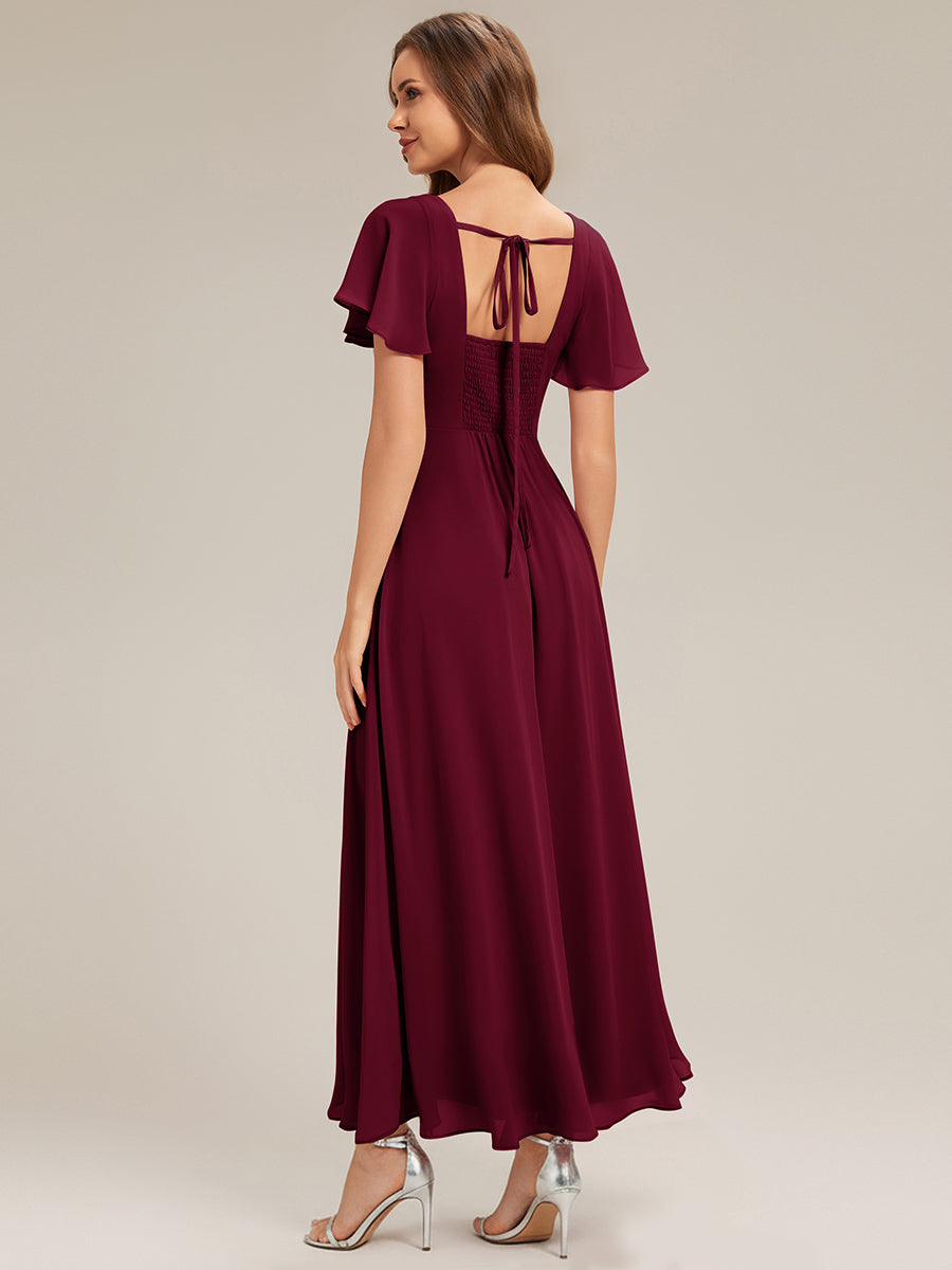 AVIEL|Ruched Chiffon Ruffle Sleeve Bridesmaid Dress