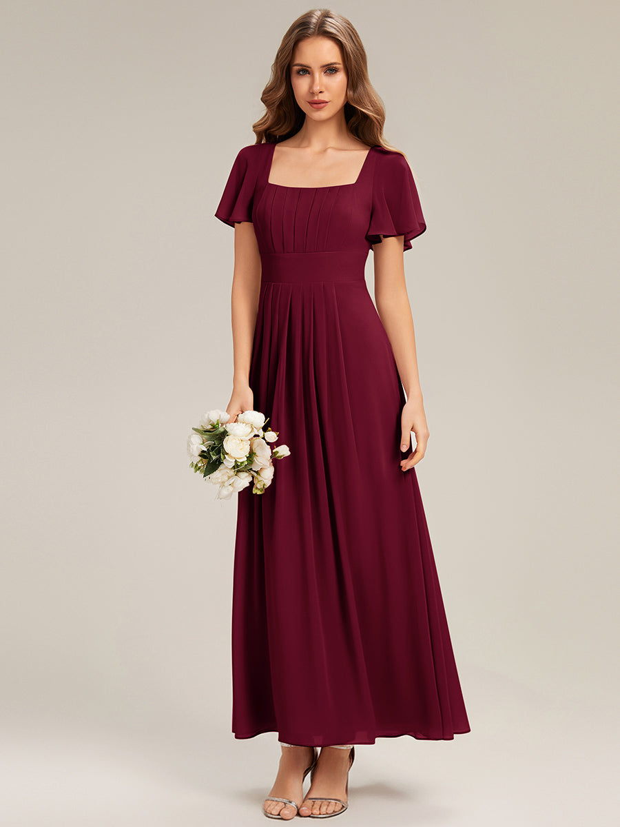 AVIEL|Ruched Chiffon Ruffle Sleeve Bridesmaid Dress