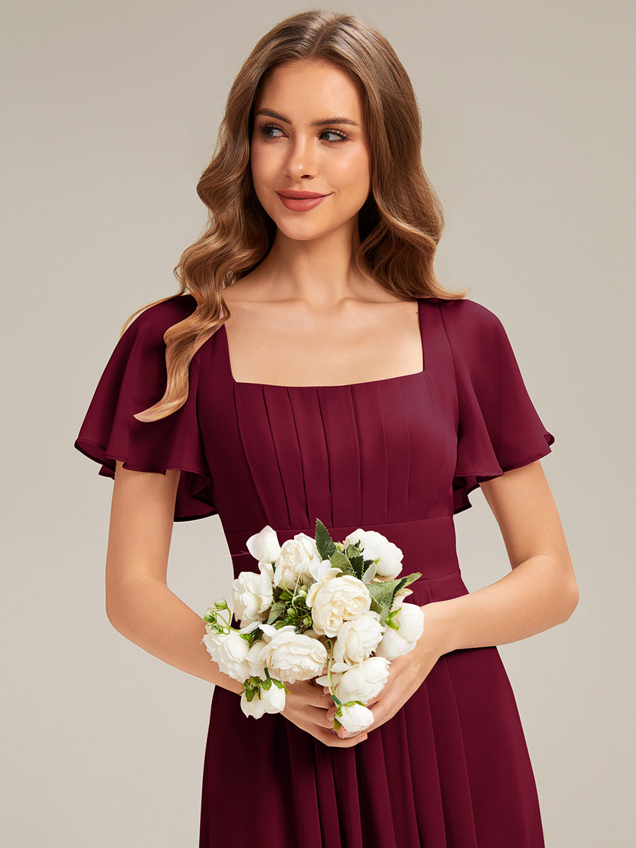 AVIEL|Ruched Chiffon Ruffle Sleeve Bridesmaid Dress