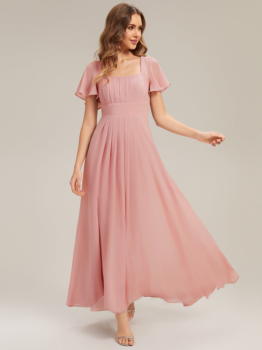 AVIEL|Ruched Chiffon Ruffle Sleeve Bridesmaid Dress