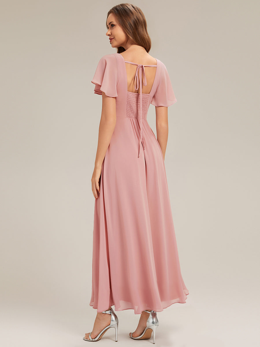 AVIEL|Ruched Chiffon Ruffle Sleeve Bridesmaid Dress