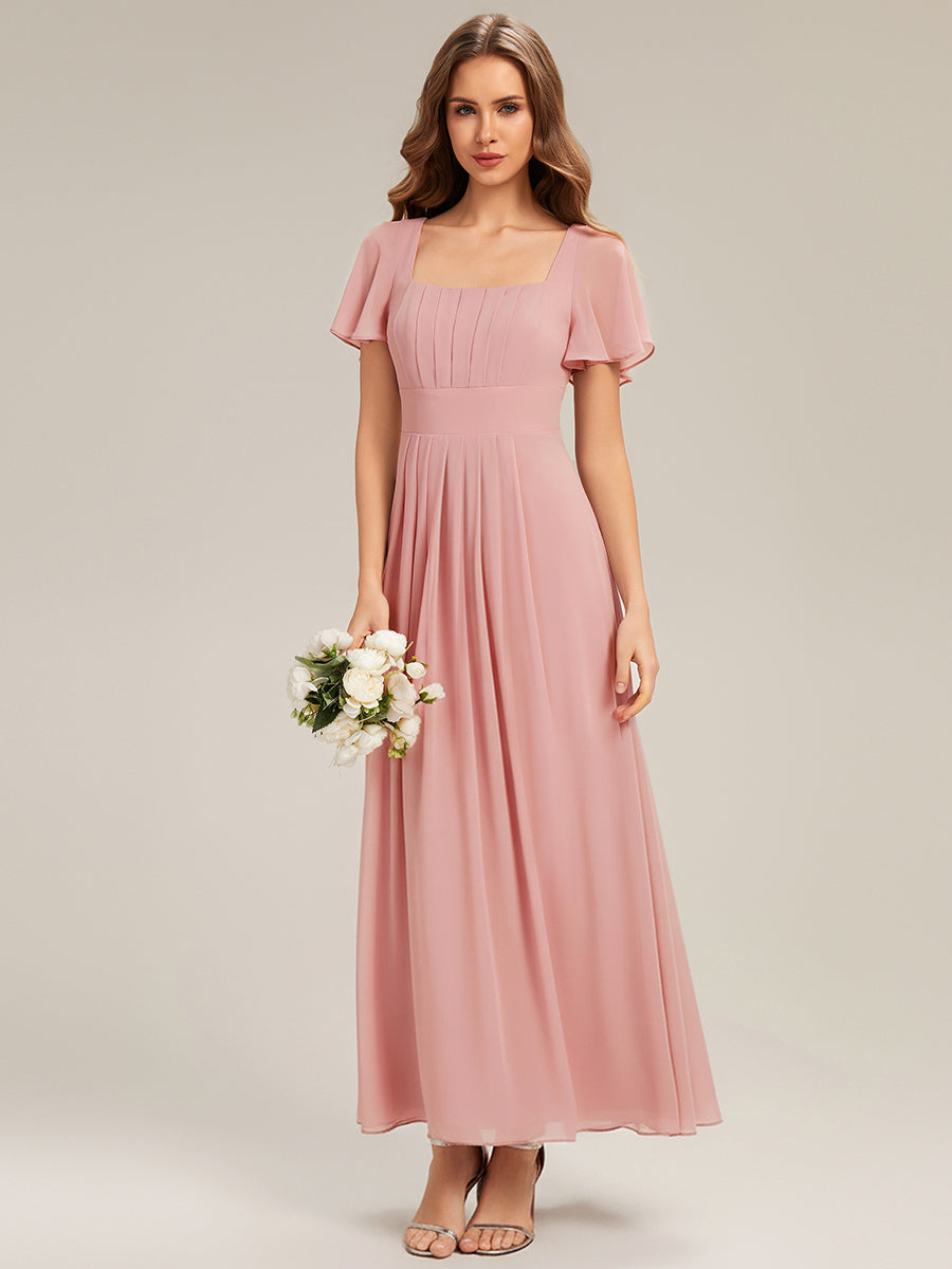 AVIEL|Ruched Chiffon Ruffle Sleeve Bridesmaid Dress