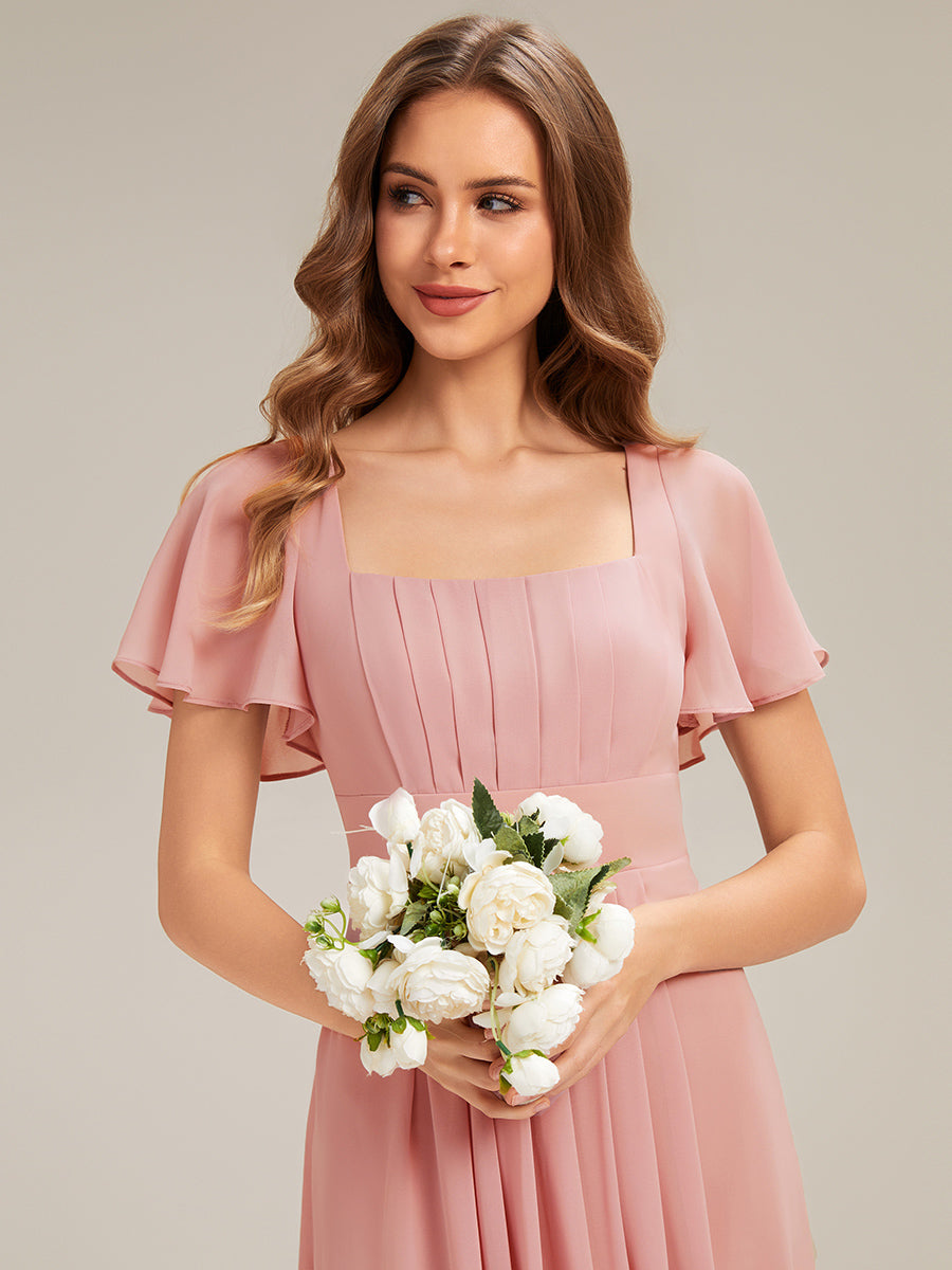 AVIEL|Ruched Chiffon Ruffle Sleeve Bridesmaid Dress