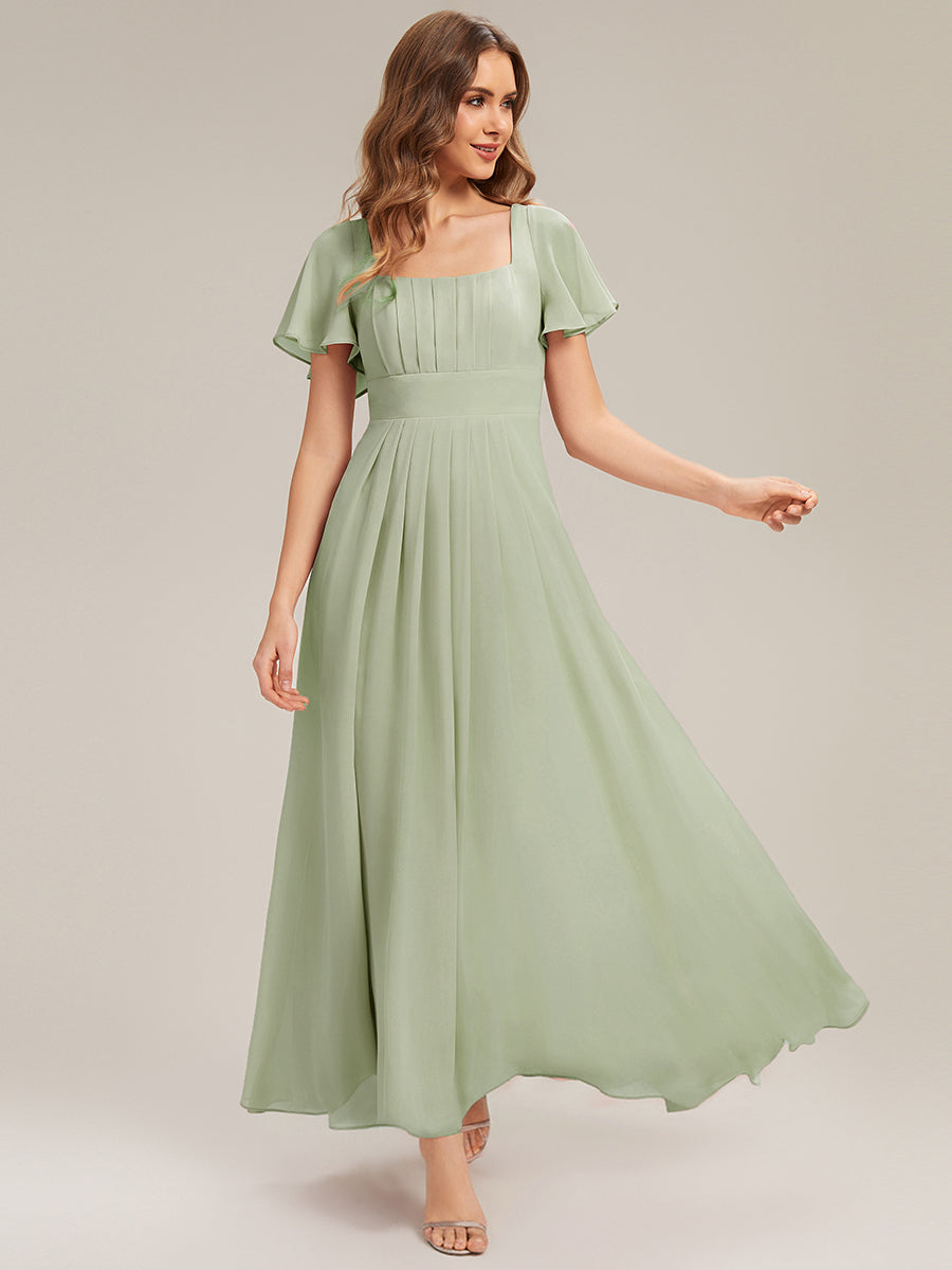 AVIEL|Ruched Chiffon Ruffle Sleeve Bridesmaid Dress