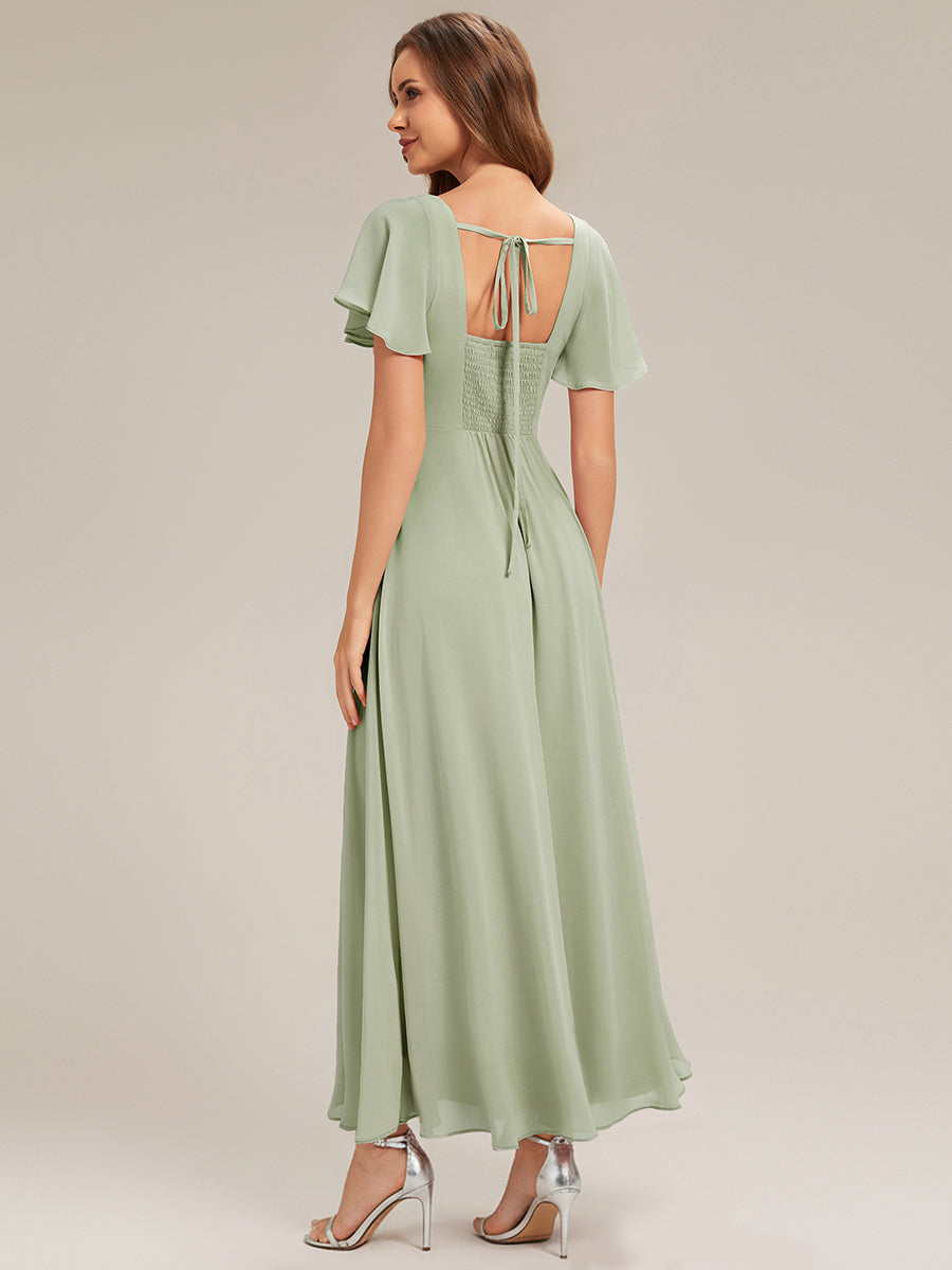 AVIEL|Ruched Chiffon Ruffle Sleeve Bridesmaid Dress