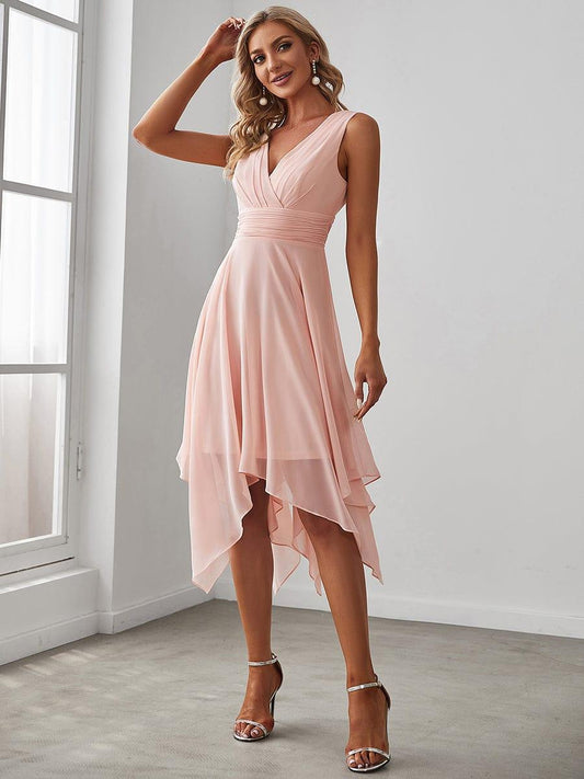 ELORA|V Neck Ruched Asymmetrical Hems Midi Chiffon Bridesmaid Dress