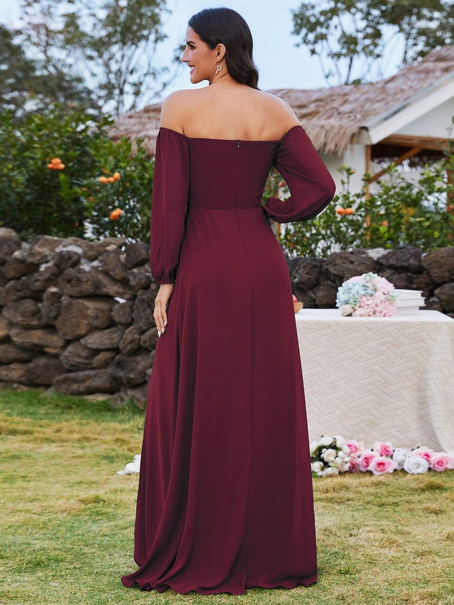 DANICA|High-Slit Waist Pleated Off Shoulder Chiffon Bridesmaid Dress with Long Sleeves