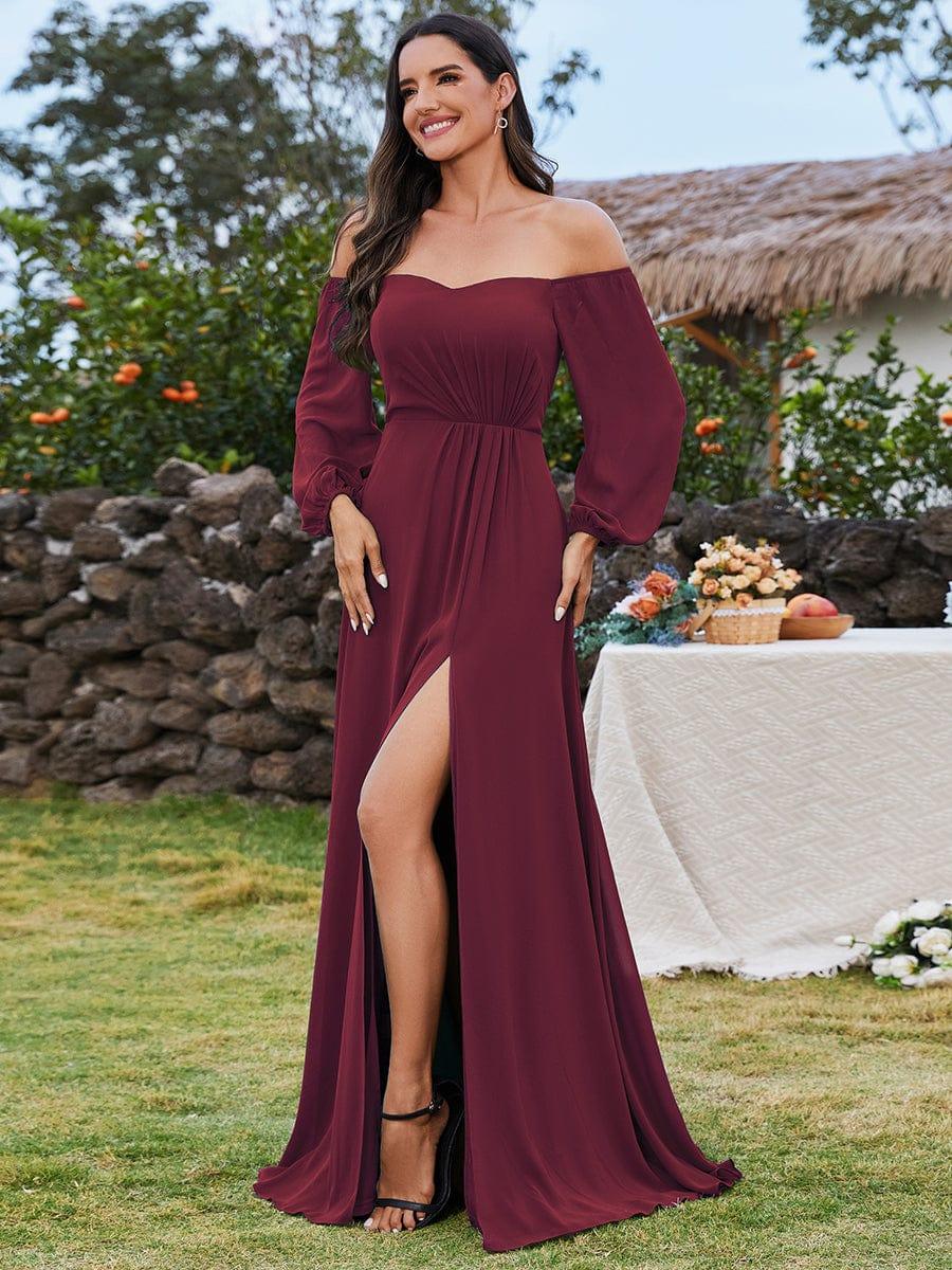 DANICA|High-Slit Waist Pleated Off Shoulder Chiffon Bridesmaid Dress with Long Sleeves