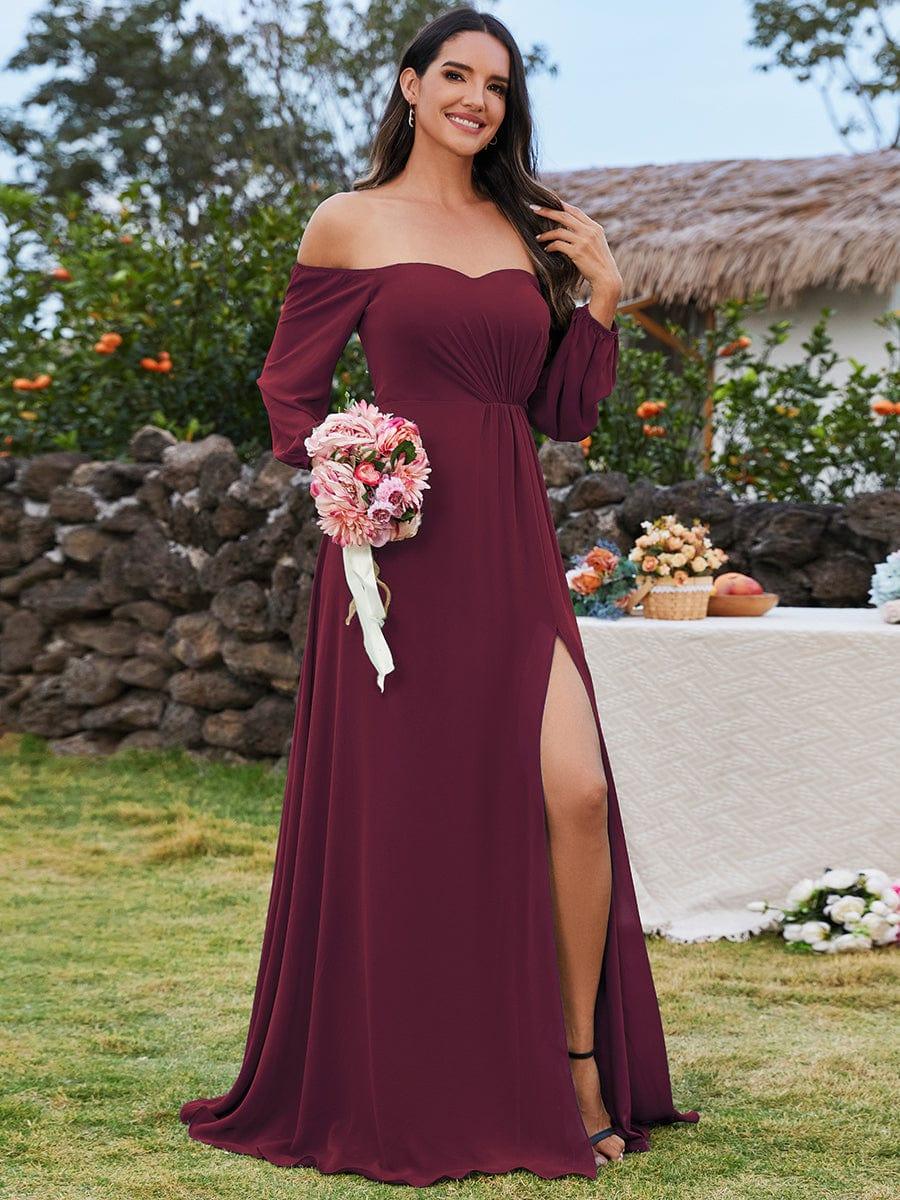 DANICA|High-Slit Waist Pleated Off Shoulder Chiffon Bridesmaid Dress with Long Sleeves