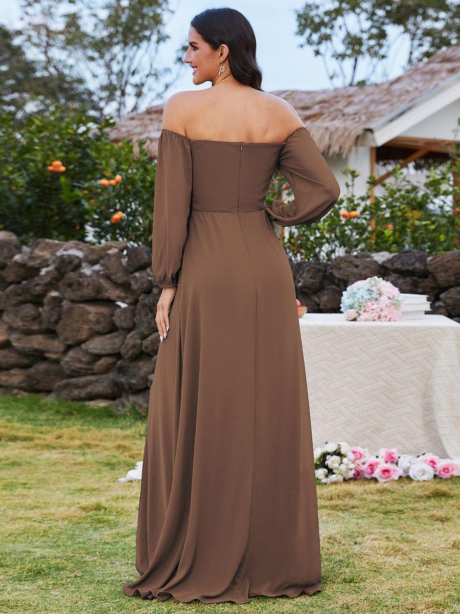 DANICA|High-Slit Waist Pleated Off Shoulder Chiffon Bridesmaid Dress with Long Sleeves
