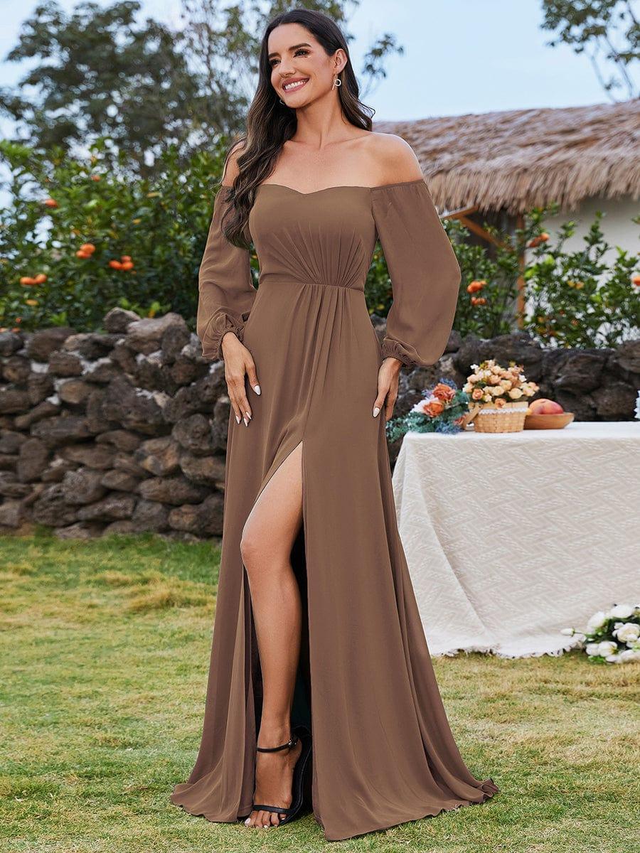DANICA|High-Slit Waist Pleated Off Shoulder Chiffon Bridesmaid Dress with Long Sleeves