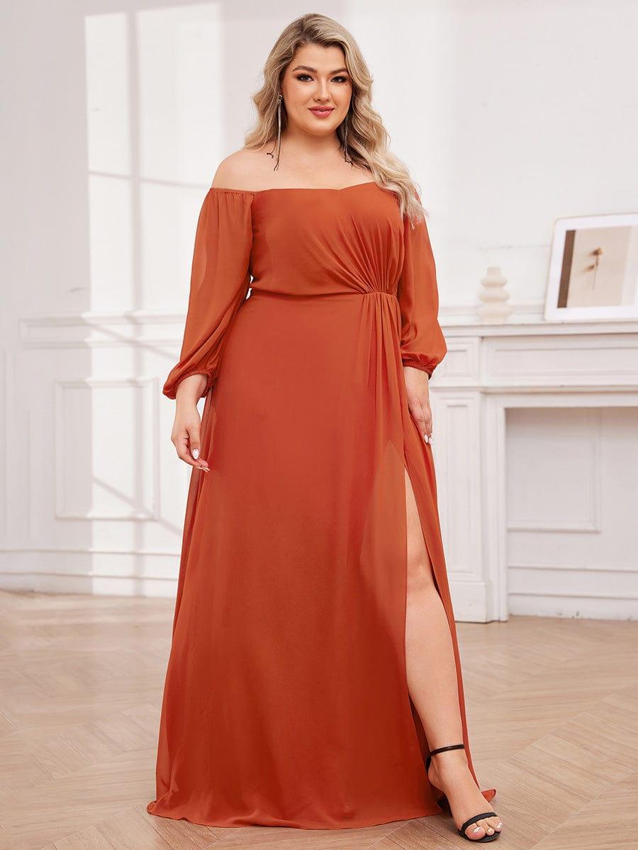 DANICA|High-Slit Waist Pleated Off Shoulder Chiffon Bridesmaid Dress with Long Sleeves