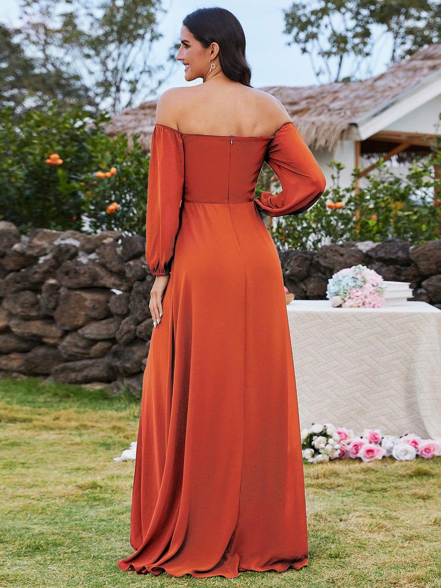 DANICA|High-Slit Waist Pleated Off Shoulder Chiffon Bridesmaid Dress with Long Sleeves