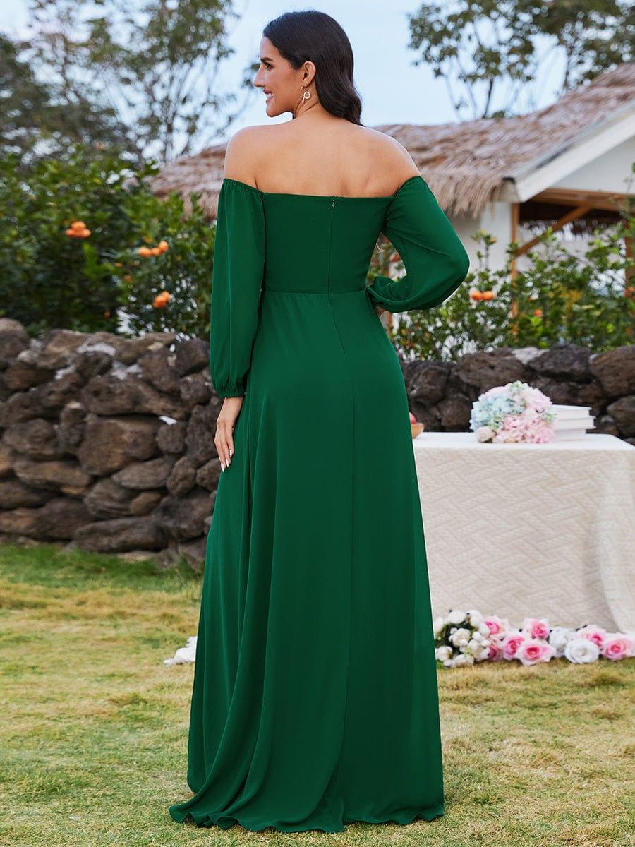 DANICA|High-Slit Waist Pleated Off Shoulder Chiffon Bridesmaid Dress with Long Sleeves