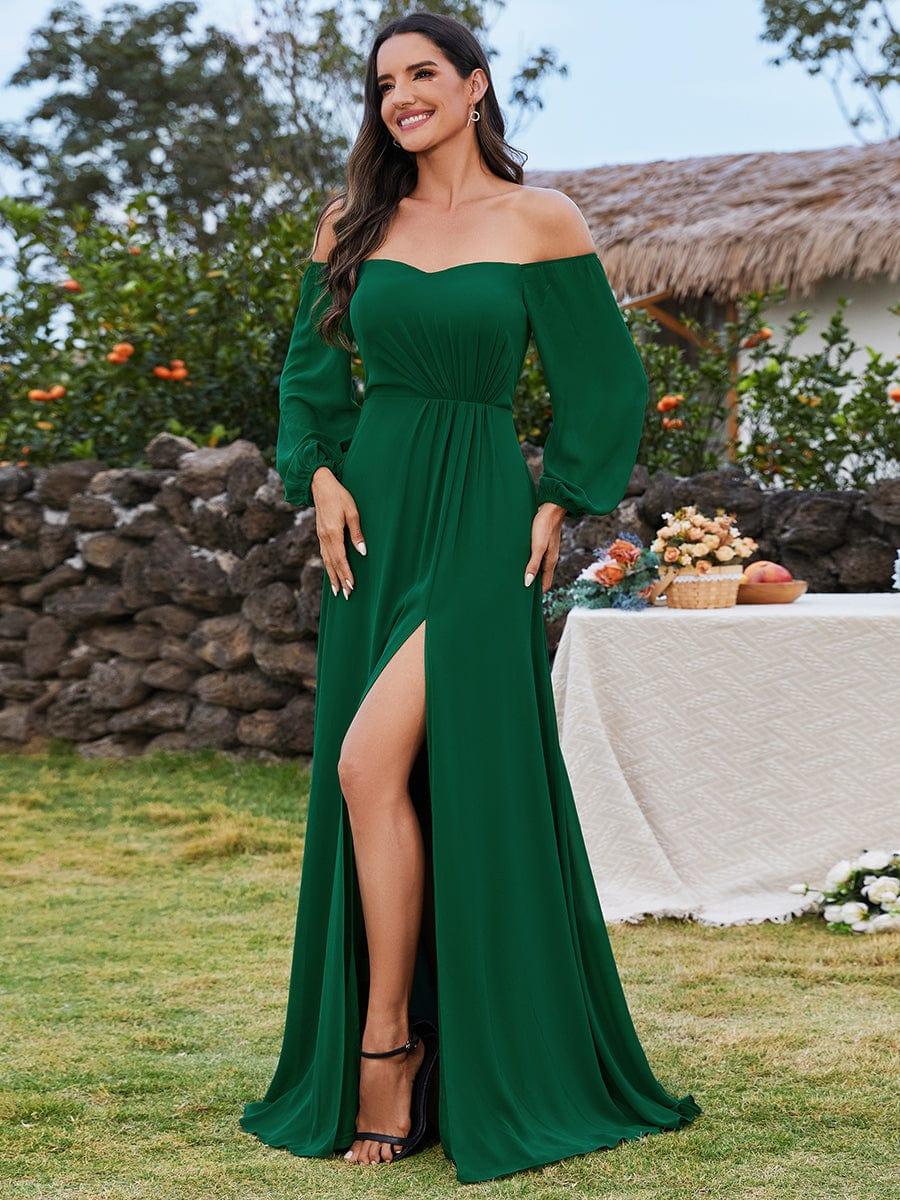 DANICA|High-Slit Waist Pleated Off Shoulder Chiffon Bridesmaid Dress with Long Sleeves