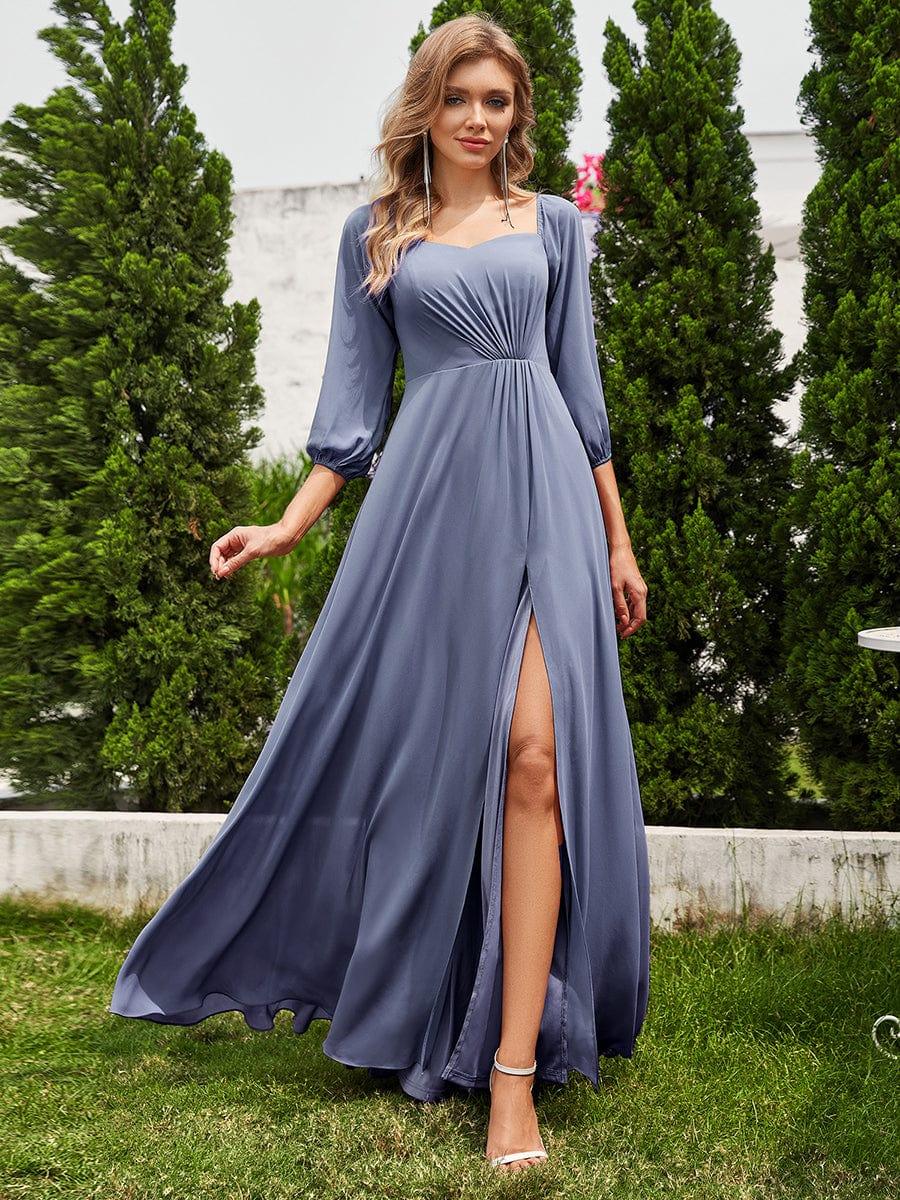 pretty DANICA|Plus Size High-Slit Waist Pleated Bridesmaid Dress with Long Sleeves