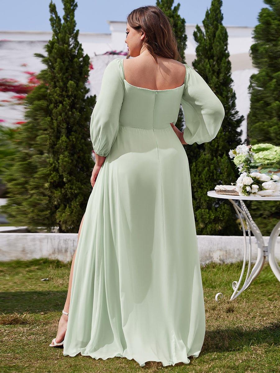pretty DANICA|Plus Size High-Slit Waist Pleated Bridesmaid Dress with Long Sleeves