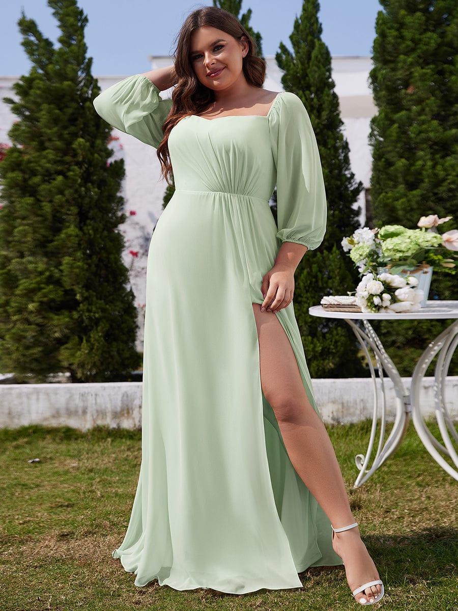 DANICA|High-Slit Waist Pleated Off Shoulder Chiffon Bridesmaid Dress with Long Sleeves
