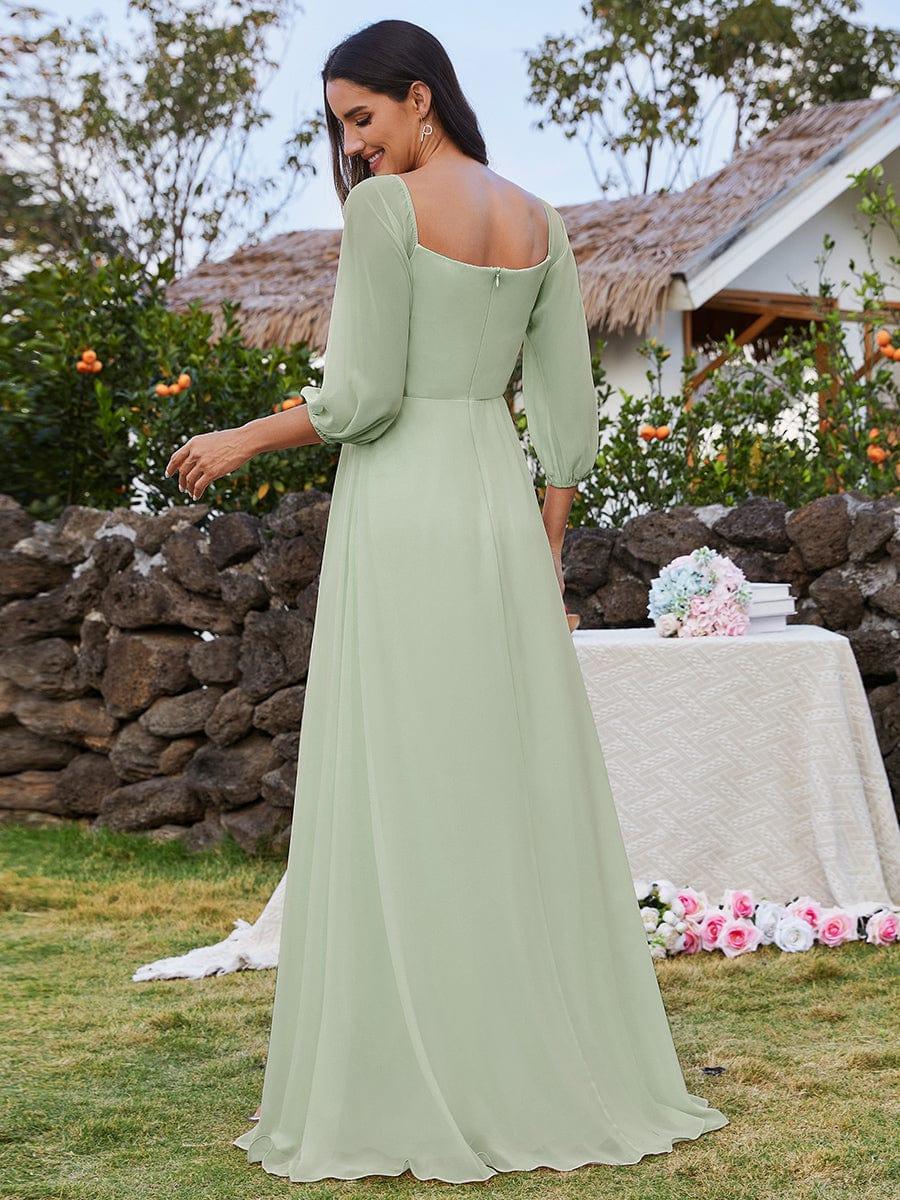 DANICA|High-Slit Waist Pleated Off Shoulder Chiffon Bridesmaid Dress with Long Sleeves