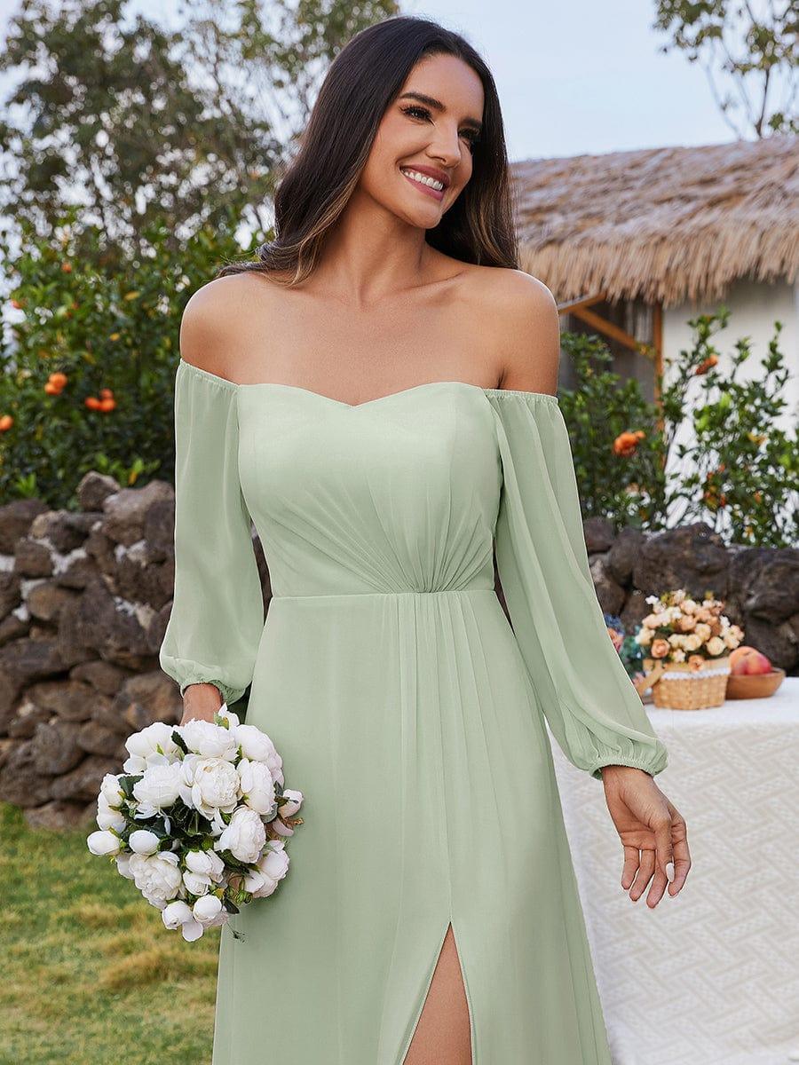 DANICA|High-Slit Waist Pleated Off Shoulder Chiffon Bridesmaid Dress with Long Sleeves