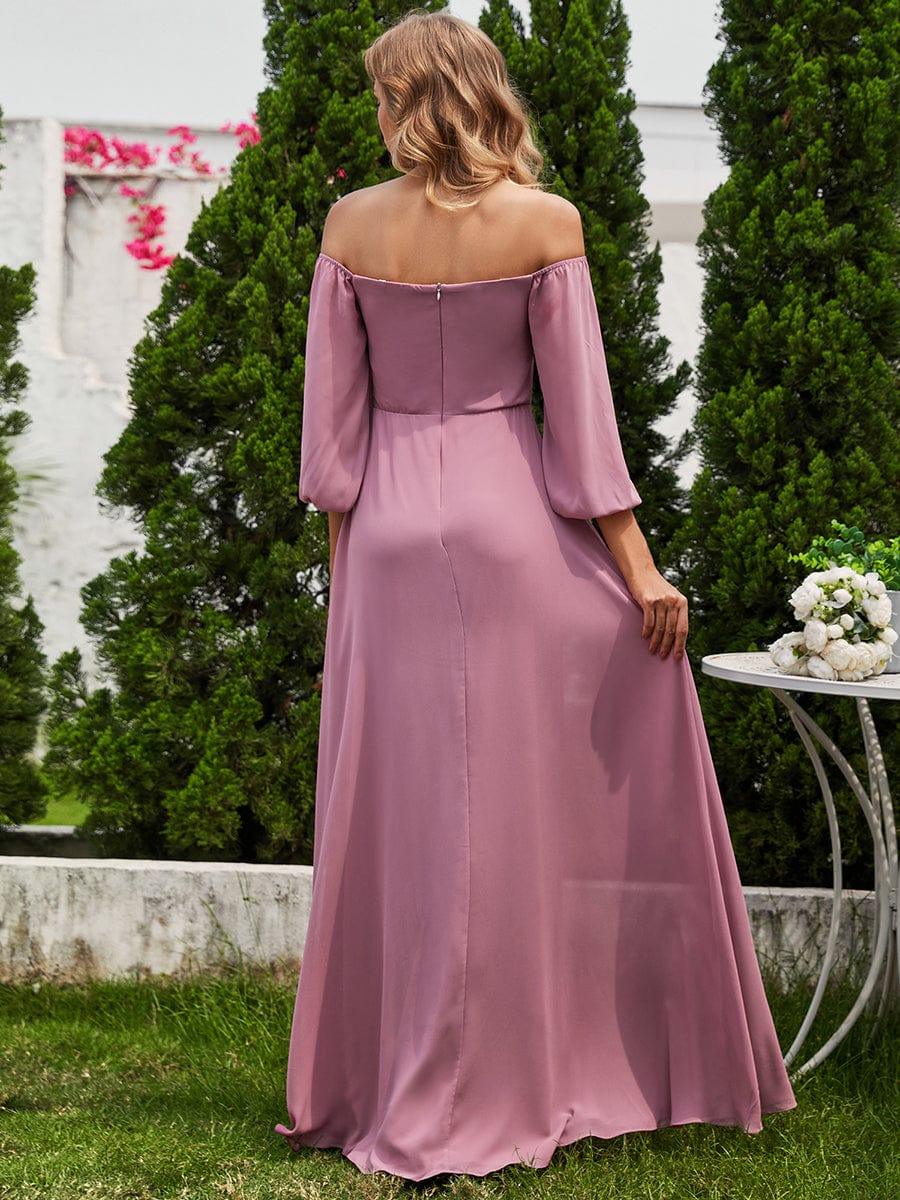 DANICA|High-Slit Waist Pleated Off Shoulder Chiffon Bridesmaid Dress with Long Sleeves