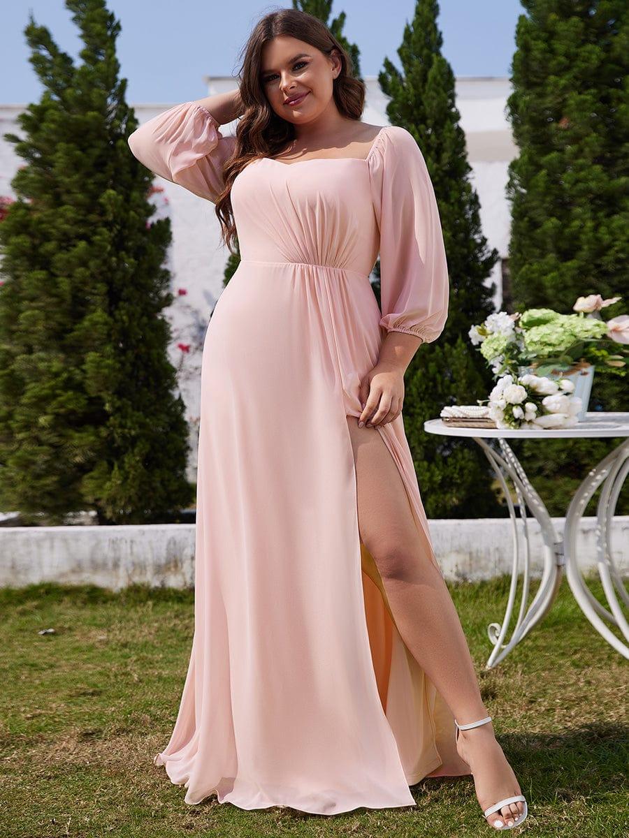 DANICA|High-Slit Waist Pleated Off Shoulder Chiffon Bridesmaid Dress with Long Sleeves