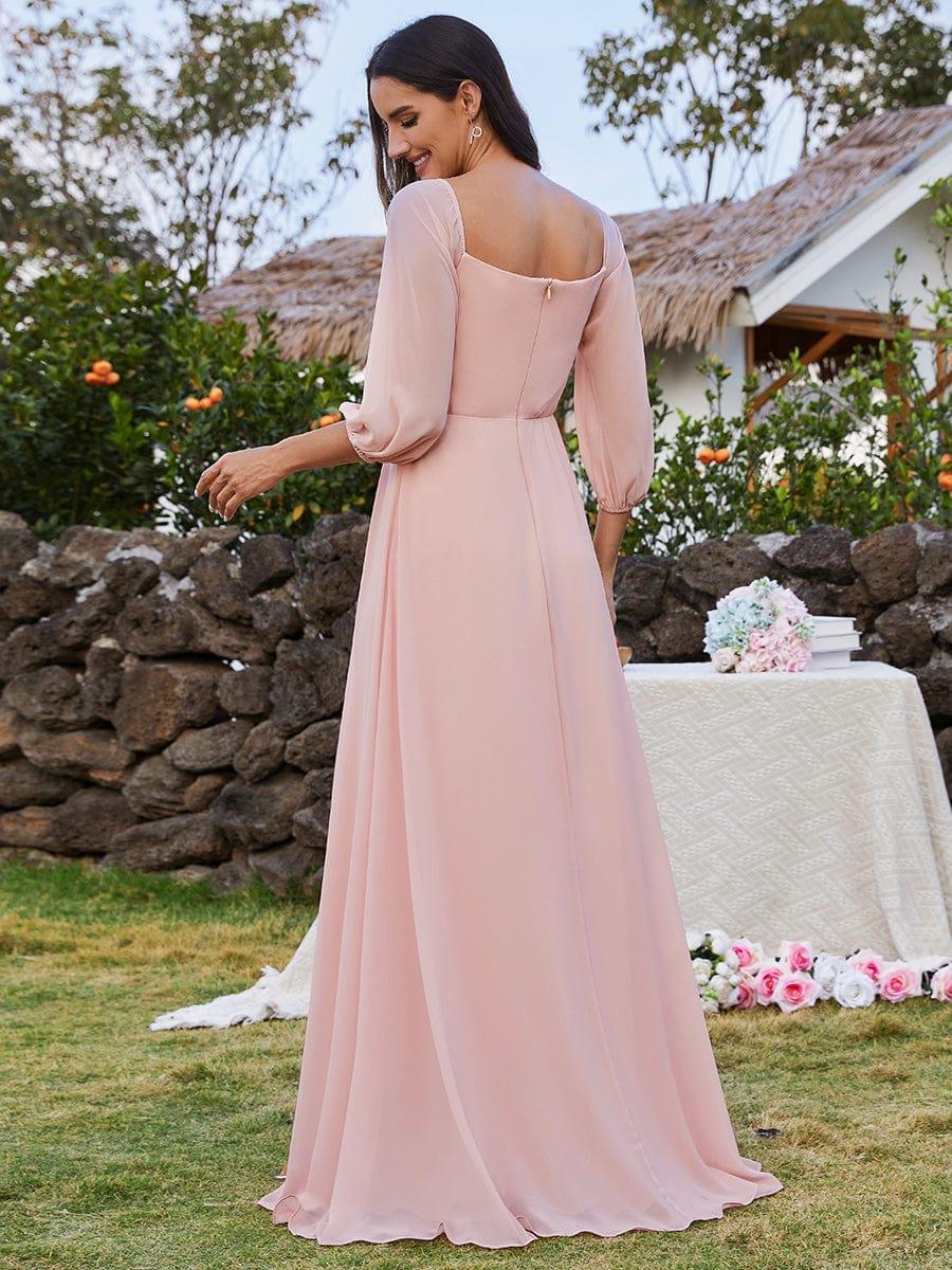 DANICA|High-Slit Waist Pleated Off Shoulder Chiffon Bridesmaid Dress with Long Sleeves