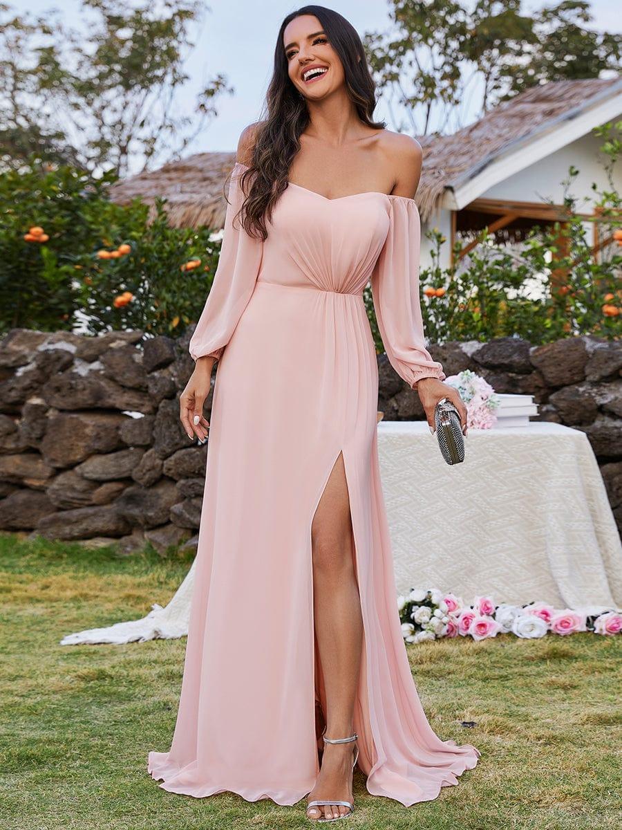 DANICA|High-Slit Waist Pleated Off Shoulder Chiffon Bridesmaid Dress with Long Sleeves