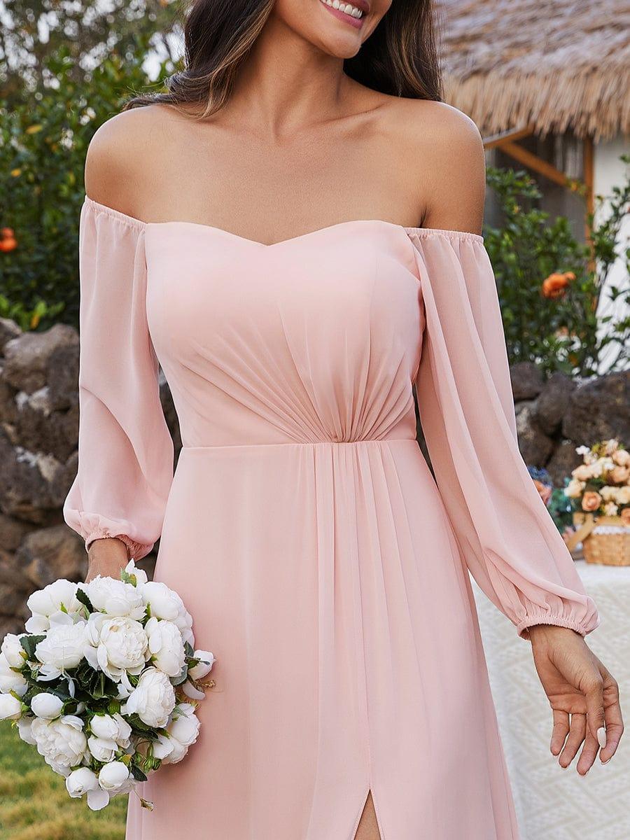 DANICA|High-Slit Waist Pleated Off Shoulder Chiffon Bridesmaid Dress with Long Sleeves
