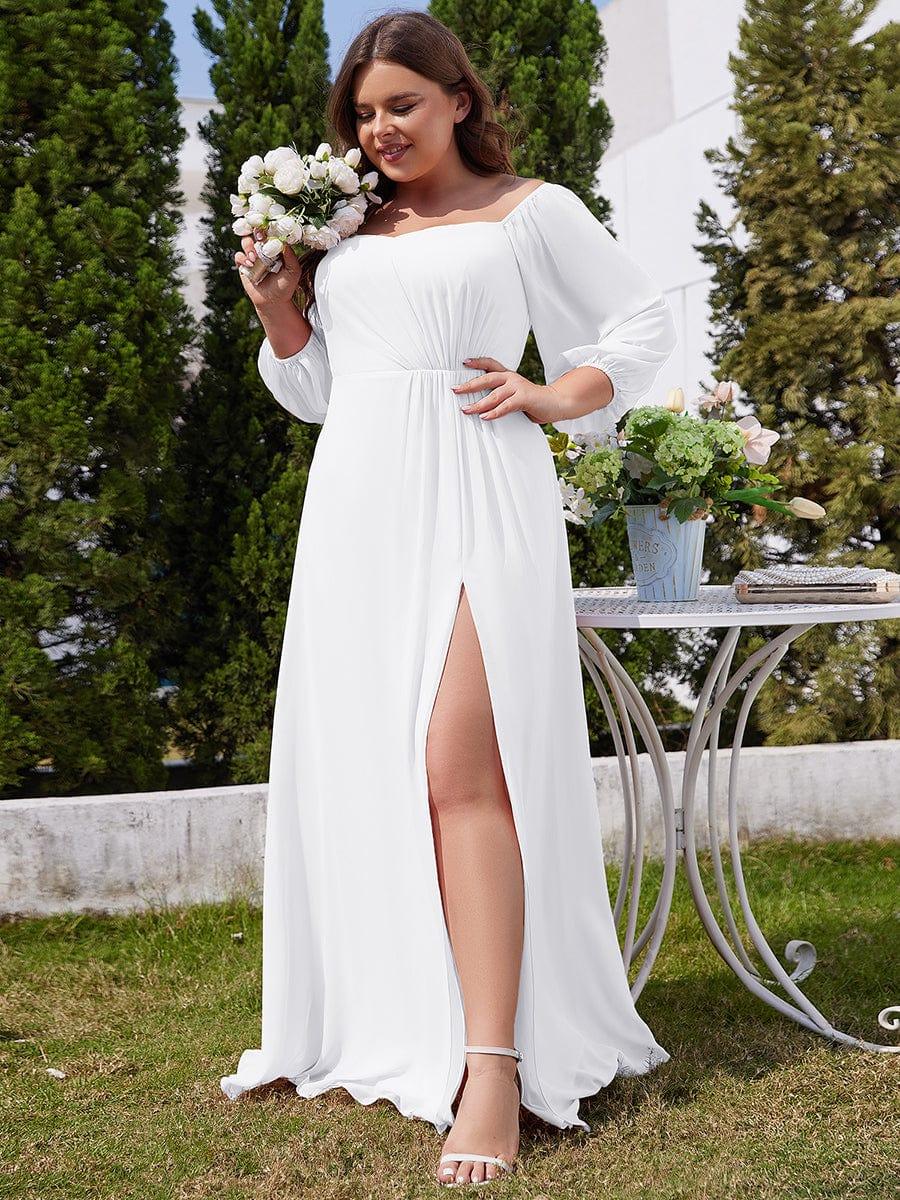 pretty DANICA|Plus Size High-Slit Waist Pleated Bridesmaid Dress with Long Sleeves