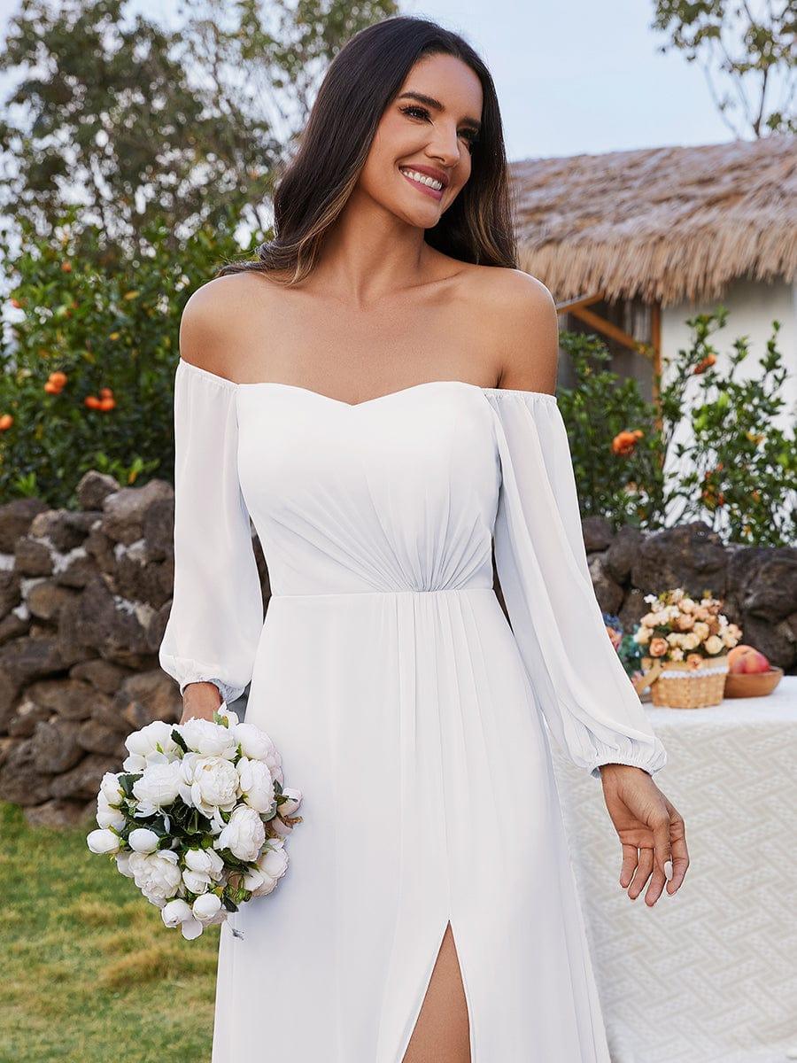 DANICA|High-Slit Waist Pleated Off Shoulder Chiffon Bridesmaid Dress with Long Sleeves