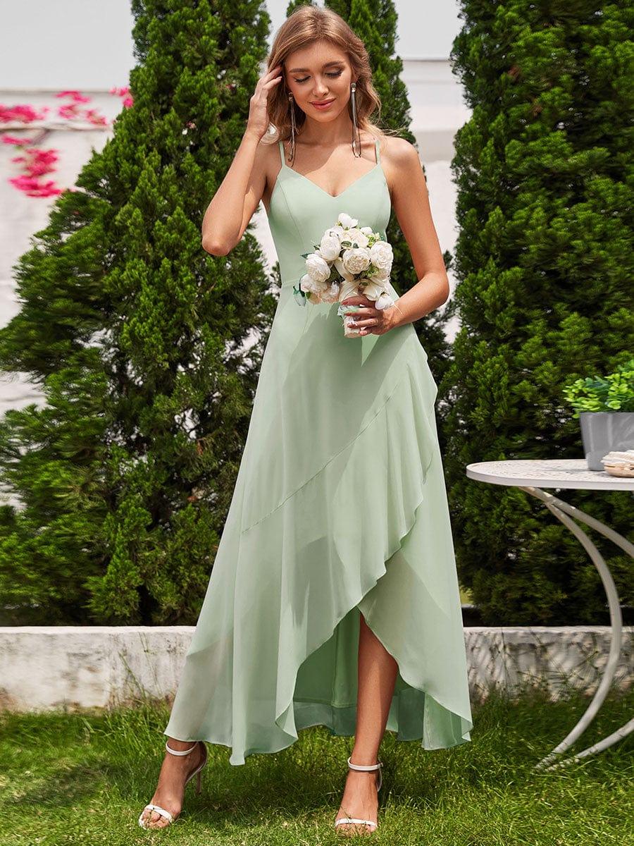 QUINCEY|Charming Sleeveless Chiffon Lotus Leaf Bridesmaid Dress with V-Neck